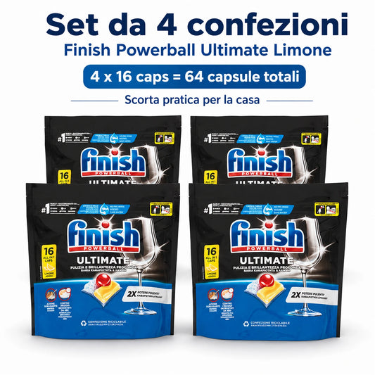 Finish Ultimate Limone 16 Tabs per Confezione, Pastiglie per Lavastoviglie, Varianti da 3 o 4 Confezioni, 48 o 64 Tabs Totali