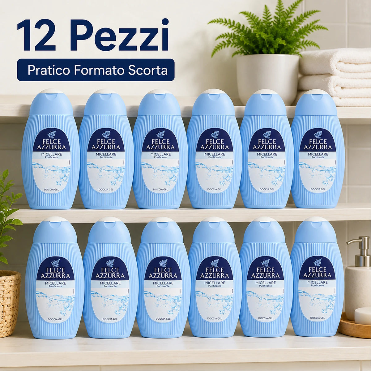 Confezione da 12 Felce Azzurra Doccia Micellare 250 ml, bagnodoccia per la detersione quotidiana, 3 L totali