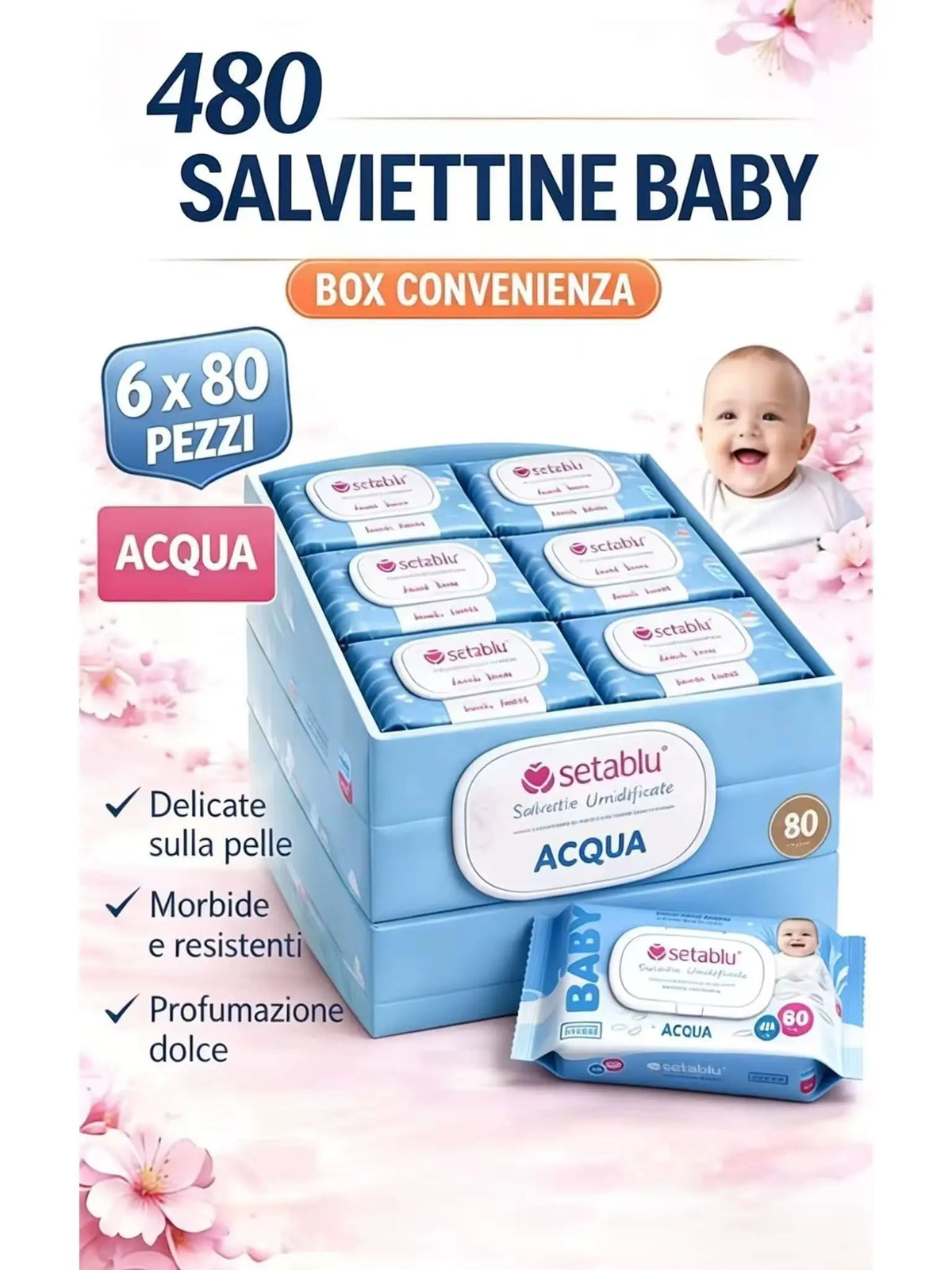 480 Salviette Umide in Fibra Ultra-Morbida per Cura Profonda e Idratazione, Ideali per Pelli Sensibili, Profumo Fresco, Box 6 Confezioni x 80 Pezzi Salviette - Bestline