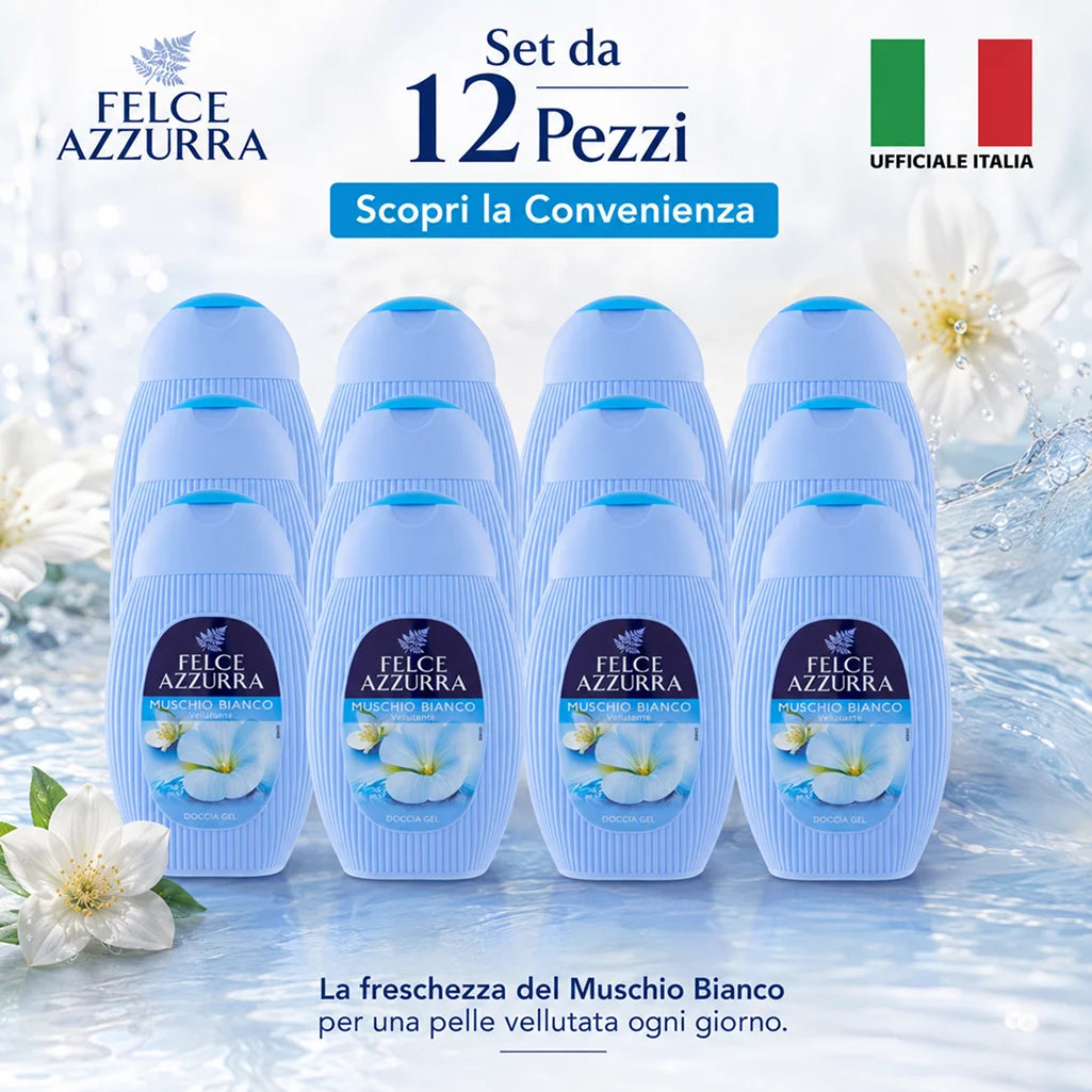 Confezione da 12 Felce Azzurra Doccia Muschio 250 ml, bagnodoccia profumato per la detersione quotidiana, 3 L totali