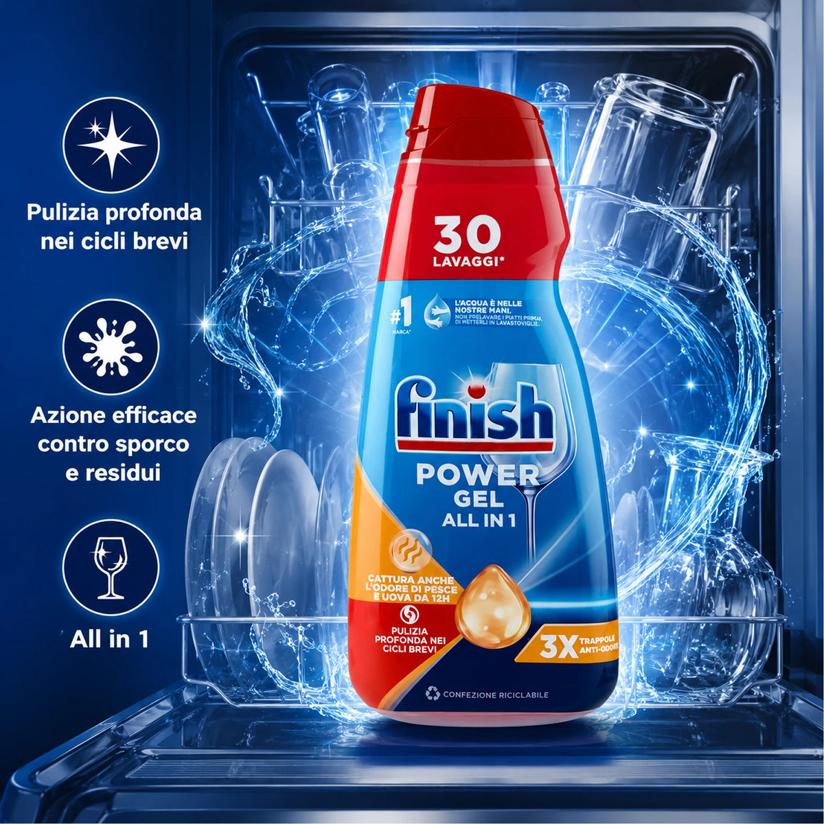 Confezione da 3 Finish Power Gel 600 ml Anti-Odore, gel per lavastoviglie, 1,8 L totali per piatti, bicchieri e stoviglie