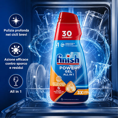 Confezione da 3 Finish Power Gel 600 ml Anti-Odore, gel per lavastoviglie, 1,8 L totali per piatti, bicchieri e stoviglie