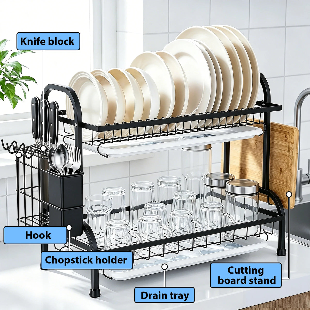 Scolapiatti a 2 livelli per il piano di lavoro della cucina, scolapiatti in metallo con vaschetta raccogli-acqua, rivestimento resistente alla ruggine, scolapiatti salvaspazio per piatti e posate.
