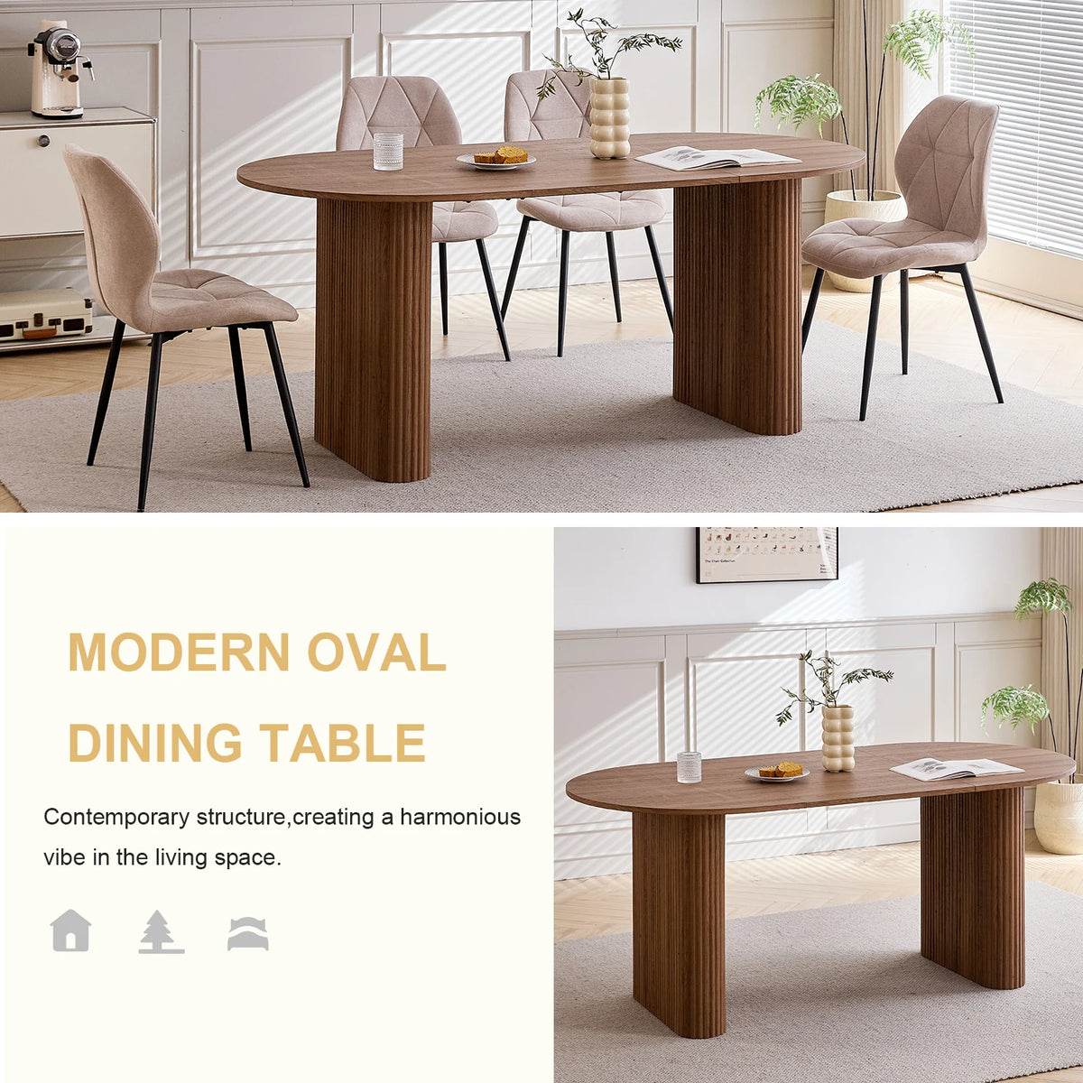 EGOONM Tavolo da Pranzo Moderno Ovale con Base Scanalata, Tavolo da Cucina per 6-8 Persone, Tavolo in Legno per Sala da Pranzo