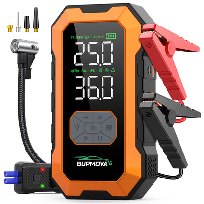 Avviatore di Emergenza per Auto con Compressore d'Aria Senza Fili, Gonfiatore Pneumatici, Booster Batteria con Power Bank e Torcia LED, Avviatore 12V per Tutti i Veicoli a Benzina o Diesel fino a 10.0L, Avviatore di Emergenza