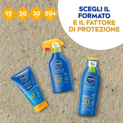 Confezione da 2 o 3 flaconi NIVEA SUN Protect & Hydrate Latte Solare SPF 50 200 ml, protezione corpo alta per mare, viaggio, vacanze e attività all’aperto