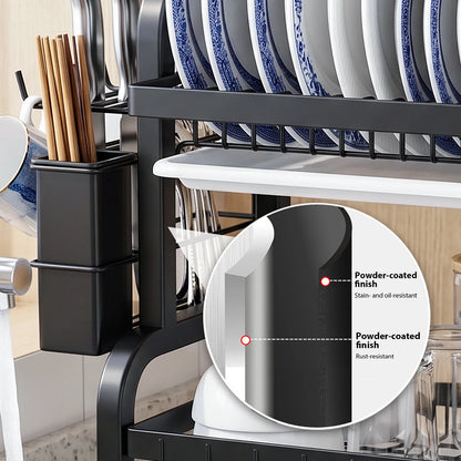 Scolapiatti a 2 livelli per il piano di lavoro della cucina, scolapiatti in metallo con vaschetta raccogli-acqua, rivestimento resistente alla ruggine, scolapiatti salvaspazio per piatti e posate.