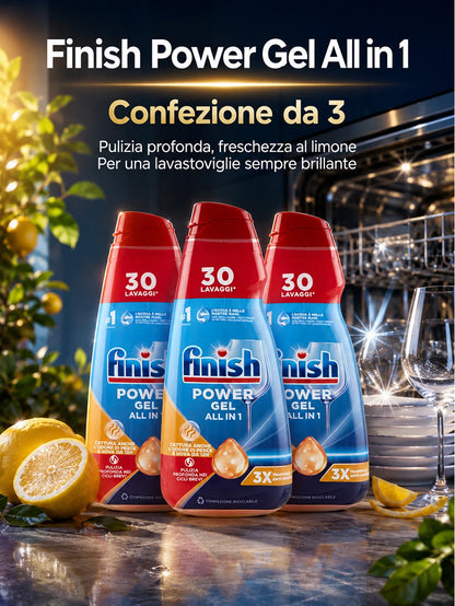 Confezione da 3 Finish Power Gel 600 ml Anti-Odore, gel per lavastoviglie, 1,8 L totali per piatti, bicchieri e stoviglie