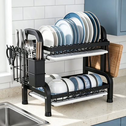 Scolapiatti a 2 livelli per il piano di lavoro della cucina, scolapiatti in metallo con vaschetta raccogli-acqua, rivestimento resistente alla ruggine, scolapiatti salvaspazio per piatti e posate.