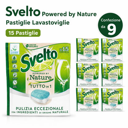 Confezione da 9 Svelto Tabs Tutto in 1 Regular, pastiglie lavastoviglie 15 pezzi, formato scorta per cucina, casa e uso quotidiano