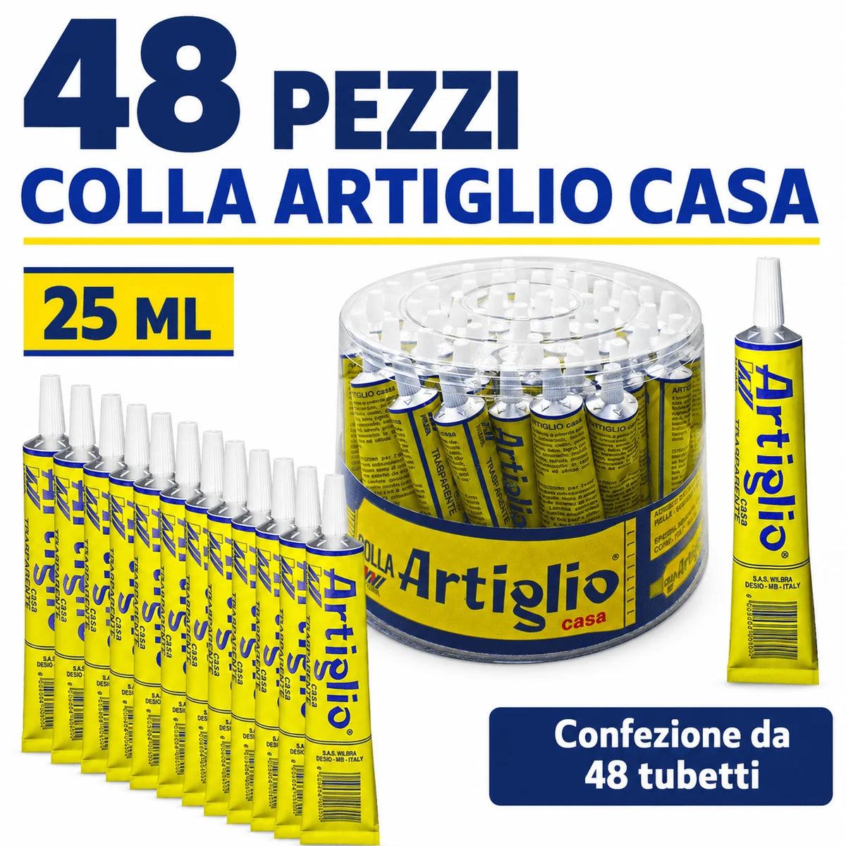 Confezione da 48 tubetti Colla Artiglio Bianca Wilbra 25 ml, adesivo in tubetto per lavori manuali, scuola, ufficio, bricolage e uso quotidiano