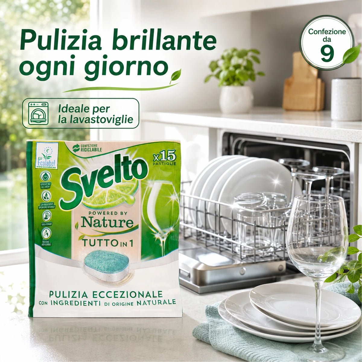 Confezione da 9 Svelto Tabs Tutto in 1 Regular, pastiglie lavastoviglie 15 pezzi, formato scorta per cucina, casa e uso quotidiano