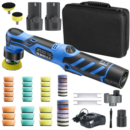Lucidatrice per auto portatile a batteria 12V, con doppia modalità di funzionamento (rotazione e oscillazione), dotata di kit di tamponi da 1/1,5/2 pollici, strumento elettrico senza fili per la cura e la lucidatura dell’a