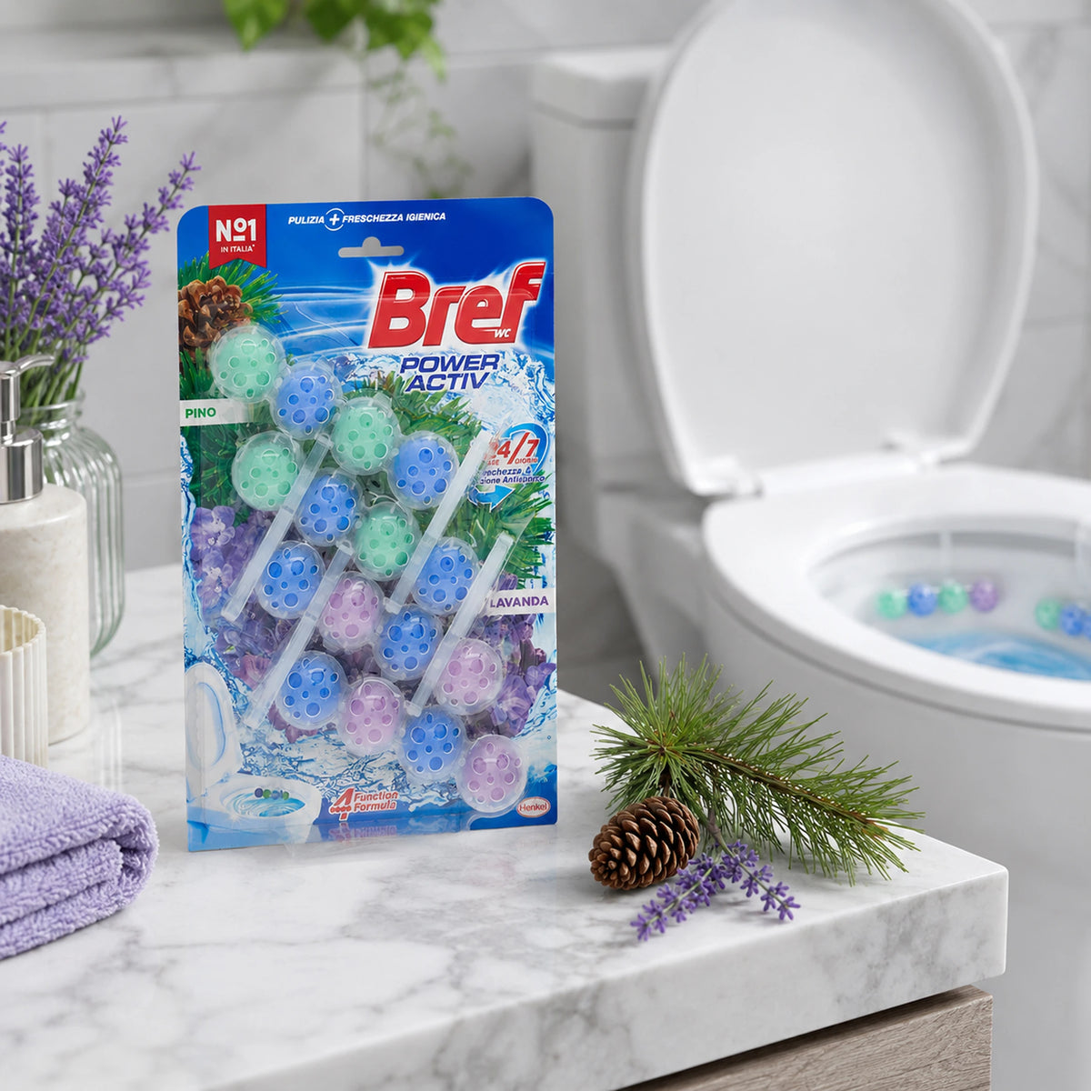 Confezione da 8, 12 o 16 Bref Power Activ Pino e Lavanda, tavolette WC da 4x50 g, detergente solido per pulizia e freschezza del WC