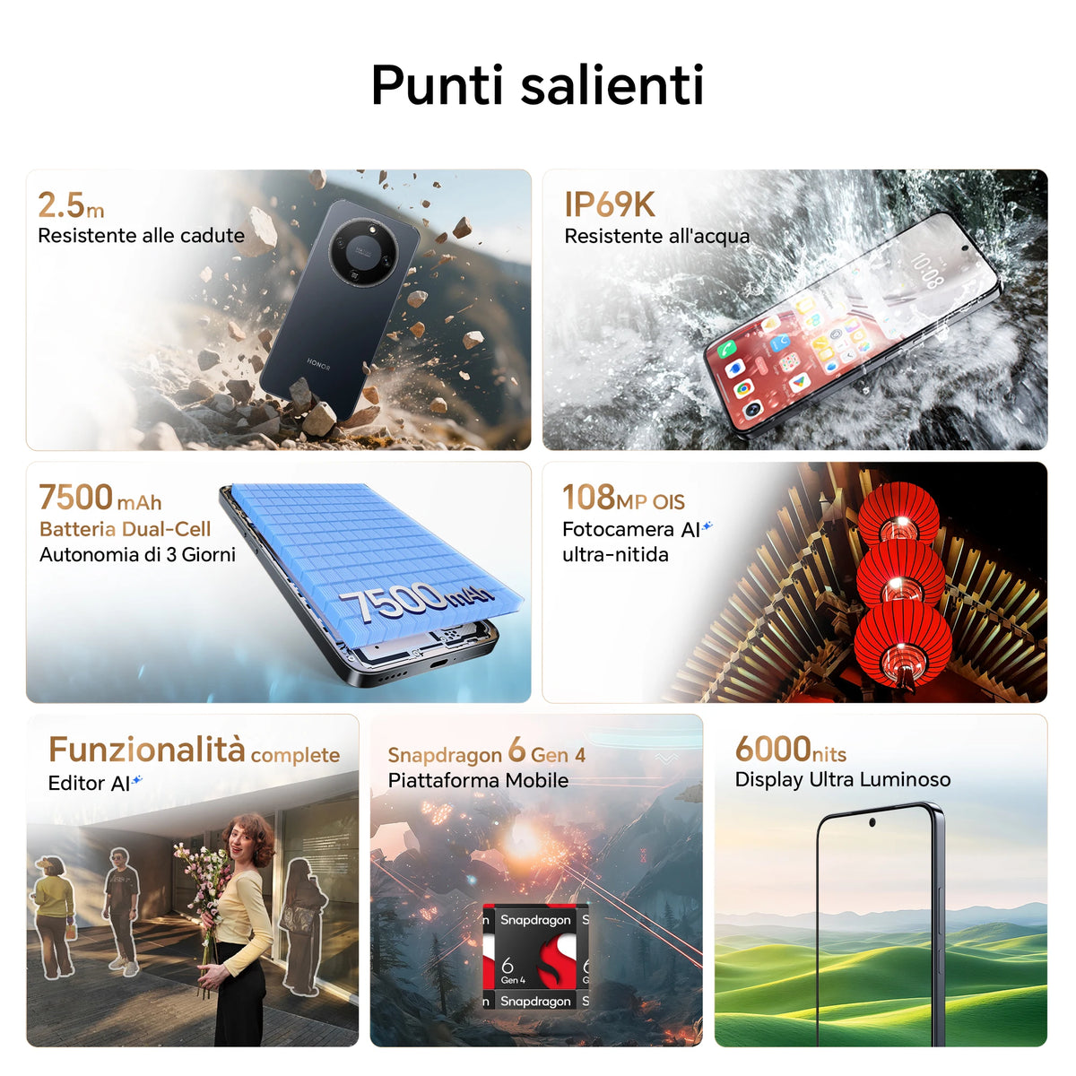 HONOR Magic8 Lite Smartphone 5G, Tripla Resistenza-IP69K, 7500 mAh, Fotocamera AI 108 MP con OIS, Display AMOLED da 6.79 Pollici Cellulari, AI Intelligente, Dual SIM, NFC