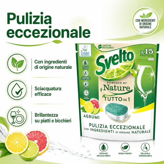 Confezione da 9 Svelto Tabs Tutto in 1 Agrumi, pastiglie lavastoviglie 15 pezzi, formato scorta per cucina, casa e uso quotidiano