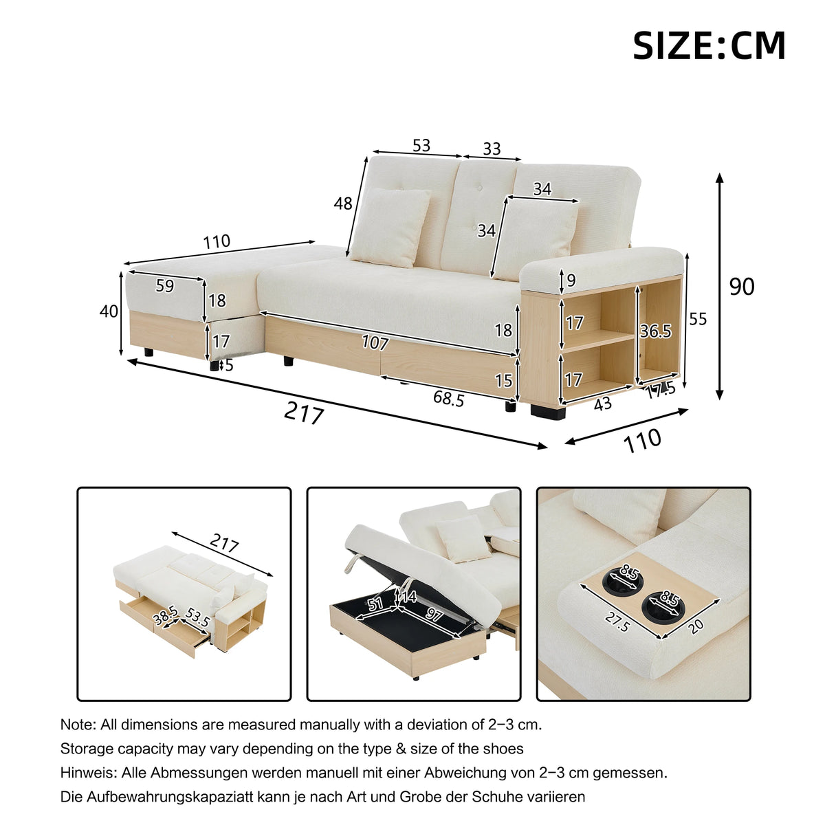 Divano Living Landscape con contenitore e schienale regolabile 3X - Divano letto in ciniglia beige a 3 posti con cassetti, portabicchieri e sgabello contenitore, 217x110 cm per soggiorno e camera degli ospiti