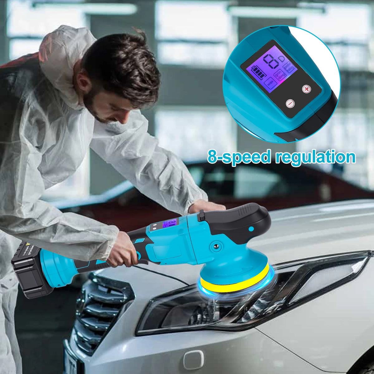 Lucidatrice per auto senza fili con display digitale a 6 velocità, lucidatrice elettrica per auto, macchina per lucidatura e ceratura, compatibile con batteria Makita 18V.
