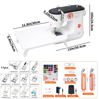 Macchina da Cucire Elettrica Mini 519 per Fai-da-Te con Doppio Filo, Tavolo di Estensione per Ampio Spazio di Lavoro, Controllo Velocità Alta/Bassa, EU