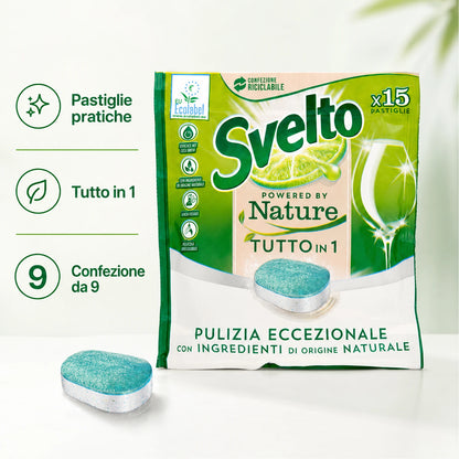 Confezione da 9 Svelto Tabs Tutto in 1 Regular, pastiglie lavastoviglie 15 pezzi, formato scorta per cucina, casa e uso quotidiano