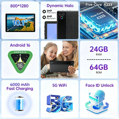 Evermyth KB1001L Tablet Android 16 OS certificato GMS da 10,1'' 1,8GHz 24GB (3GB+21GB) RAM espandibile 64GB ROM A333 CPU 5-Core 1TB espandibile Schermo HD IPS Touch WiFi6 Set tastiera, custodia, mouse, stilo e cuffie