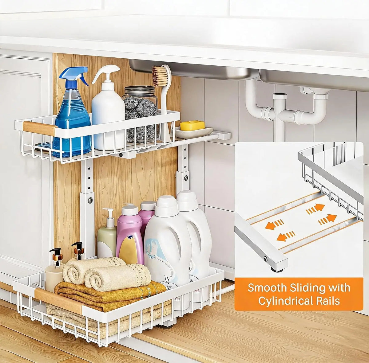 Organizzatore a 2 livelli sotto il lavello, scaffale scorrevole in acciaio al carbonio, mobiletto sottolavello in metallo, a forma di L, altezza regolabile, salvaspazio, ripiano estraibile per cucina e bagno, bianco