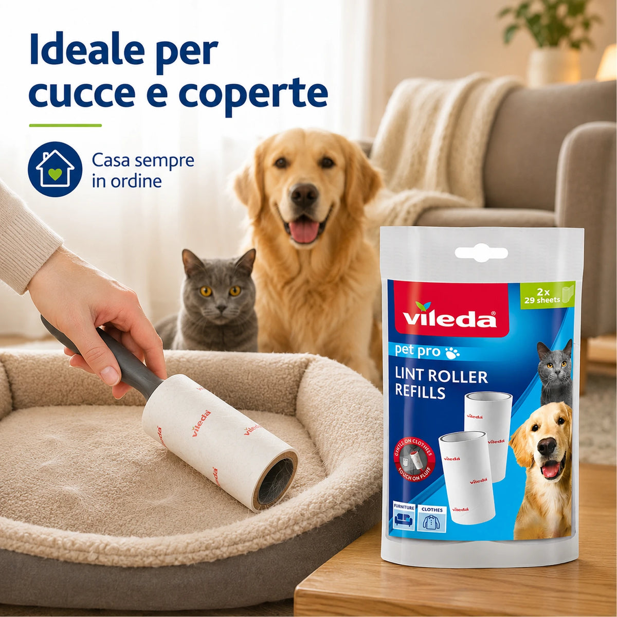 Confezione da 12 Vileda Pro Pet Lint Roller Refill, ricariche levapelucchi 2x29 fogli, per peli, polvere, pelucchi e sporco su tessuti compatibili