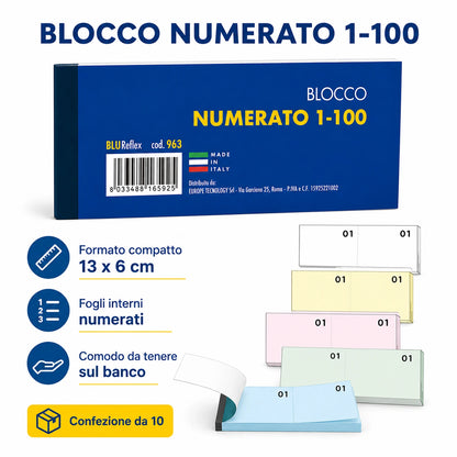 Confezione da 10 blocchi numerati 1/100 BLU963, blocchi da 100 fogli per ricevute, turni, magazzino, ufficio e attività commerciali