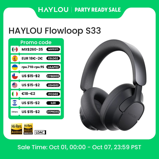 HAYLOU FlowLoop S33 Cuffie Wireless Over-Ear Bluetooth con Cancellazione Attiva del Rumore 45dB, Hi-Res LDAC, 100h di Autonomia