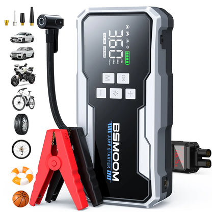 Avviatore di Emergenza per Auto con Compressore d'Aria Senza Fili, Gonfiatore Pneumatici, Booster Batteria con Power Bank e Torcia LED, Avviatore 12V per Tutti i Veicoli a Benzina o Diesel fino a 10.0L, Avviatore di Emergenza