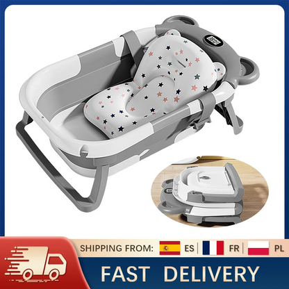 Vasca da bagno pieghevole per bambini con termometro Tappetino da bagno antiscivolo Supporto per cuscino Vasca da doccia portatile per neonato per piscina da viaggio 0-15M