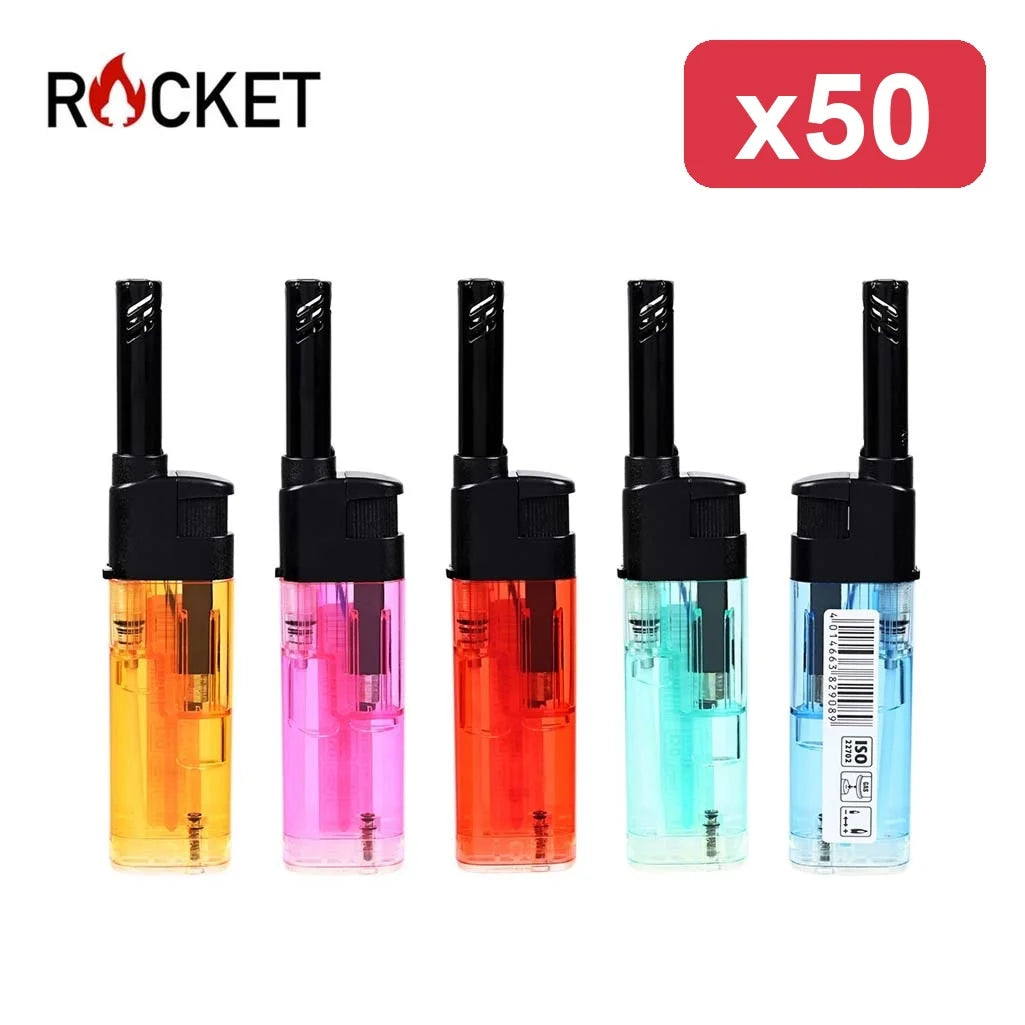 Confezione da 50 mini accendigas ROCKET trasparenti assortiti, accenditori multiuso compatti per Cucina, Fornelli, Candele, Campeggio e Uso quotidiano