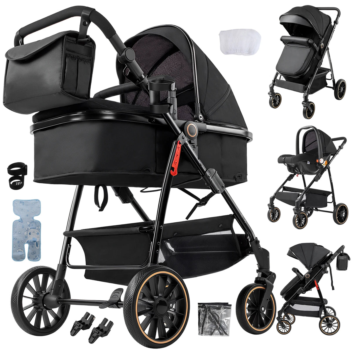 Passeggino 3-in-1 Pieghevole per Neonati con Seggiolino Auto, Sistema da Viaggio Leggero, Sicuro e Stabile, Nuovo Carrozzino