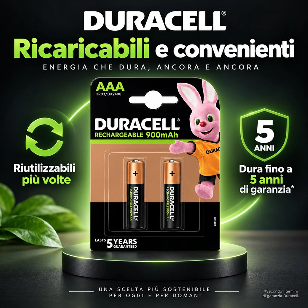 Confezione da 3 blister Duracell AAA Ricaricabili 900 mAh BL2, 2 batterie per blister, 6 pile ministilo ricaricabili totali