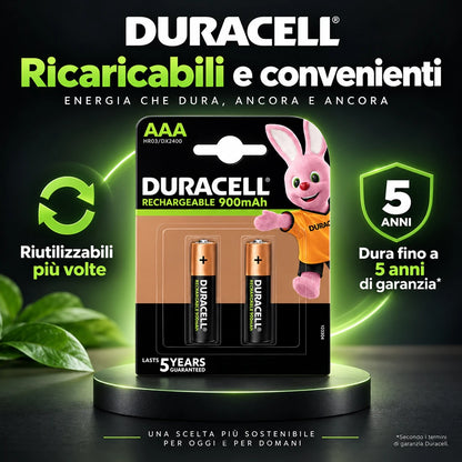 Confezione da 3 blister Duracell AAA Ricaricabili 900 mAh BL2, 2 batterie per blister, 6 pile ministilo ricaricabili totali
