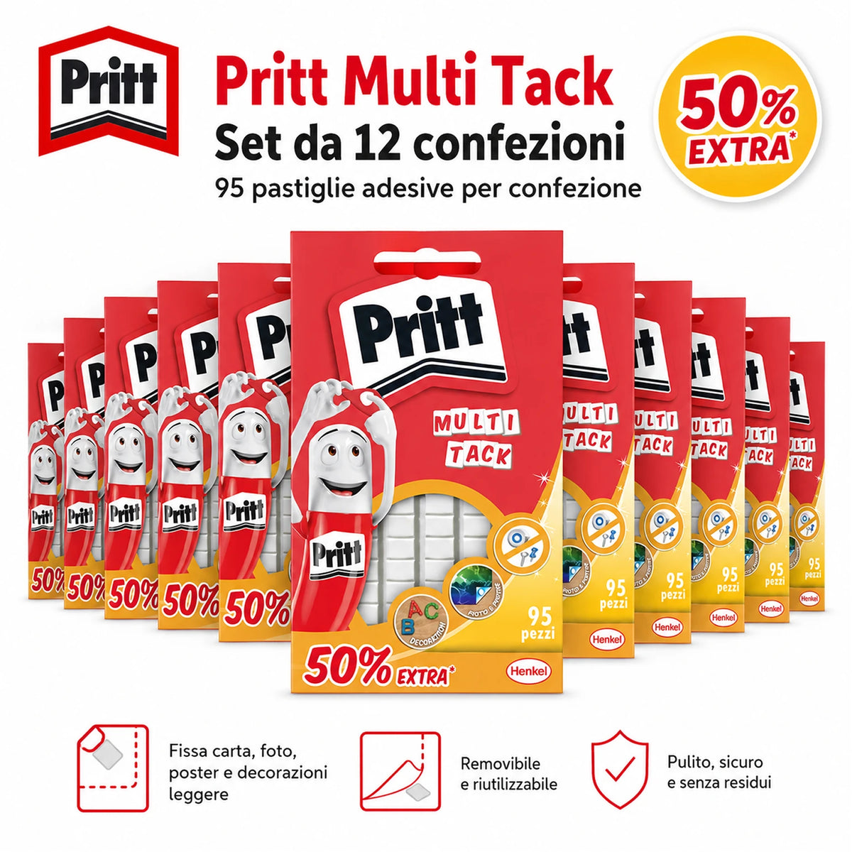 Confezione da 12 Pritt Instant Tack, gommini adesivi multiuso per pareti, poster, foto, decorazioni, scuola, ufficio e casa