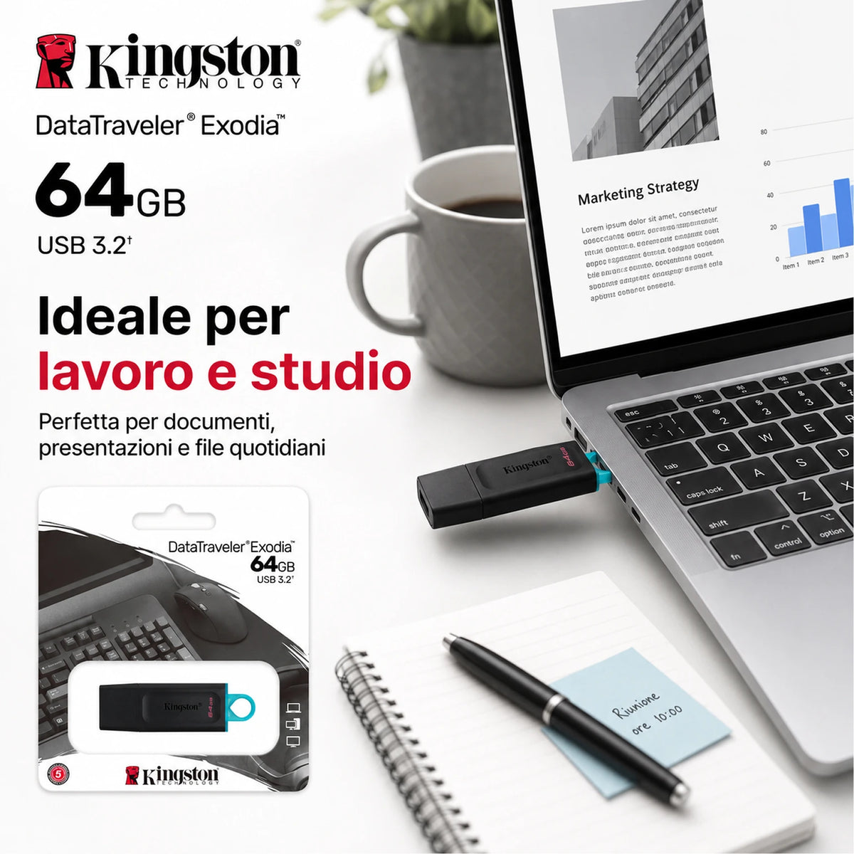 Confezione da 5 chiavette USB Kingston DataTraveler Exodia 64 GB, memoria USB 3.2 Gen 1, flash drive DTX/64GB per documenti, foto, video e backup
