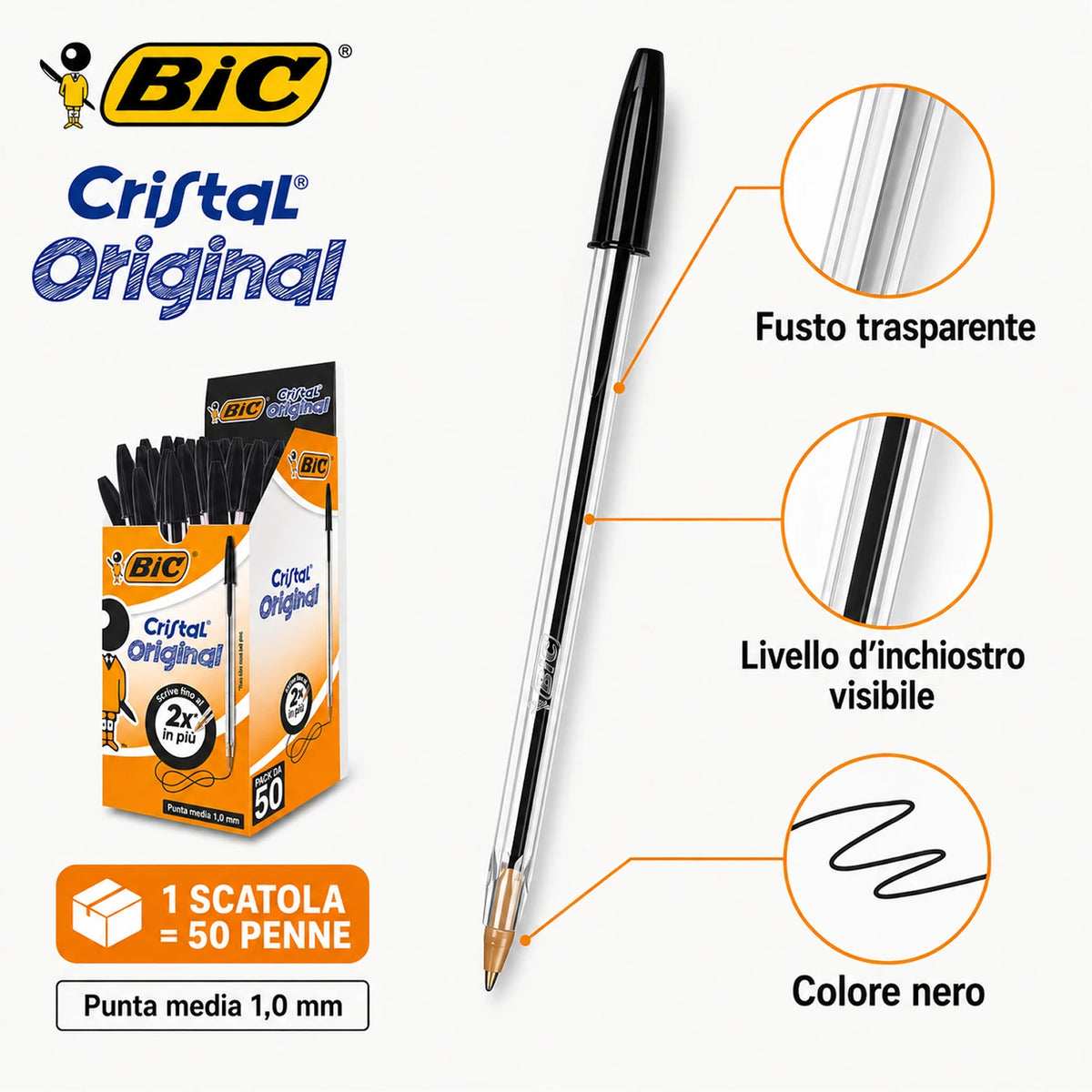 Confezione da 50 penne BIC Cristal Original nere a sfera, punta media 1 mm, penne per scuola, ufficio, cancelleria e uso quotidiano