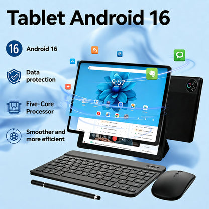 Evermyth KB1001L Tablet Android 16 OS certificato GMS da 10,1'' 1,8GHz 24GB (3GB+21GB) RAM espandibile 64GB ROM A333 CPU 5-Core 1TB espandibile Schermo HD IPS Touch WiFi6 Set tastiera, custodia, mouse, stilo e cuffie