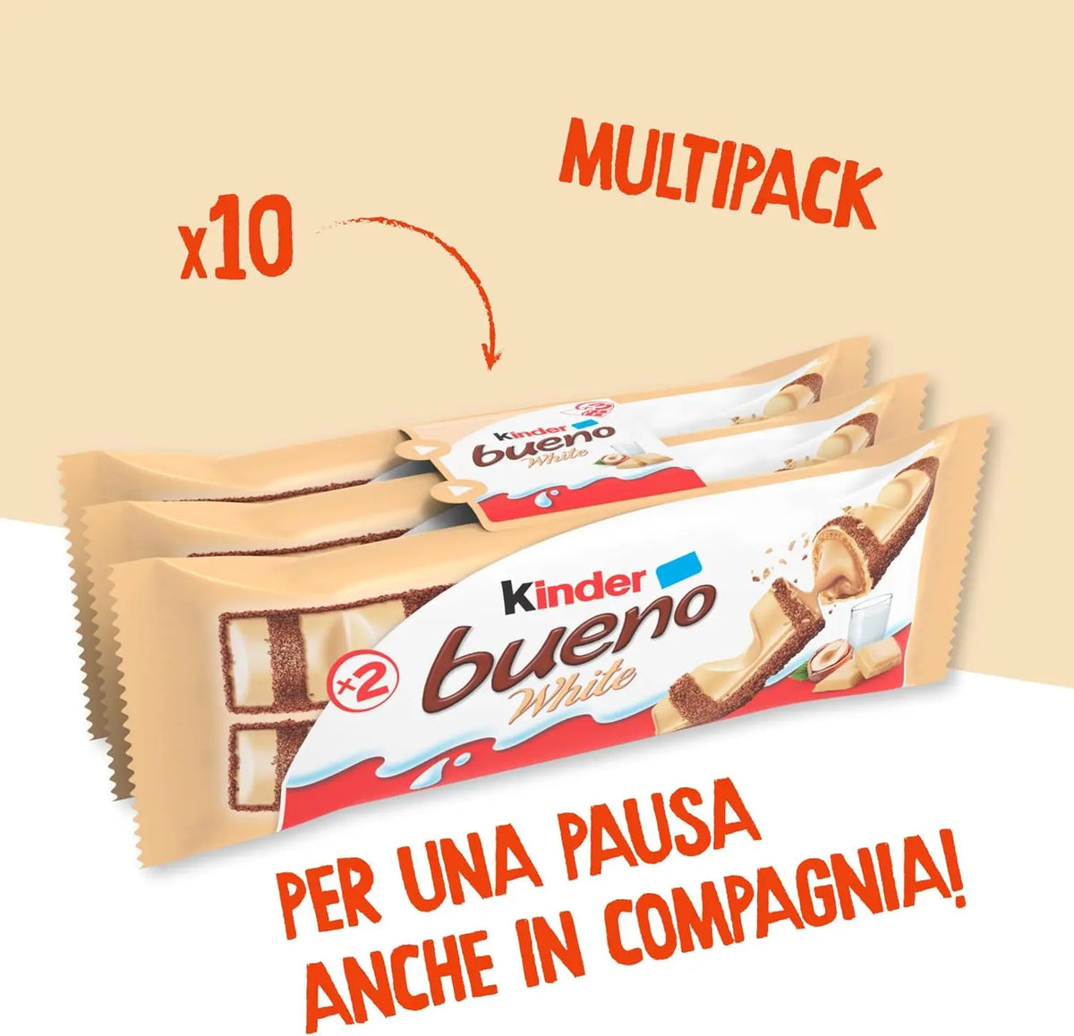 Kinder Bueno White - Snack al Cioccolato Bianco e Nocciole -  un Wafer Ripieno di Crema alle Nocciole Ricoperto da Cioccolato Bianco e Granella Meringata al Cacao - Pacco 30 Confezioni