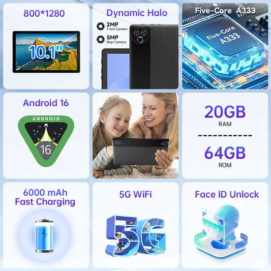 Kb1001L Tablet Android 16 con schermo touchscreen da 10,1 pollici, 20(3+17)Gb di RAM + 64Gb di ROM, processore 5-Core A333 con tastiera, mouse, penna, custodia e auricolari, batteria da 6000Mah, doppia fotocamera 5Mp+8Mp, Wi-