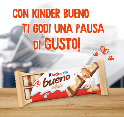 Kinder Bueno White - Snack al Cioccolato Bianco e Nocciole -  un Wafer Ripieno di Crema alle Nocciole Ricoperto da Cioccolato Bianco e Granella Meringata al Cacao - Pacco 30 Confezioni