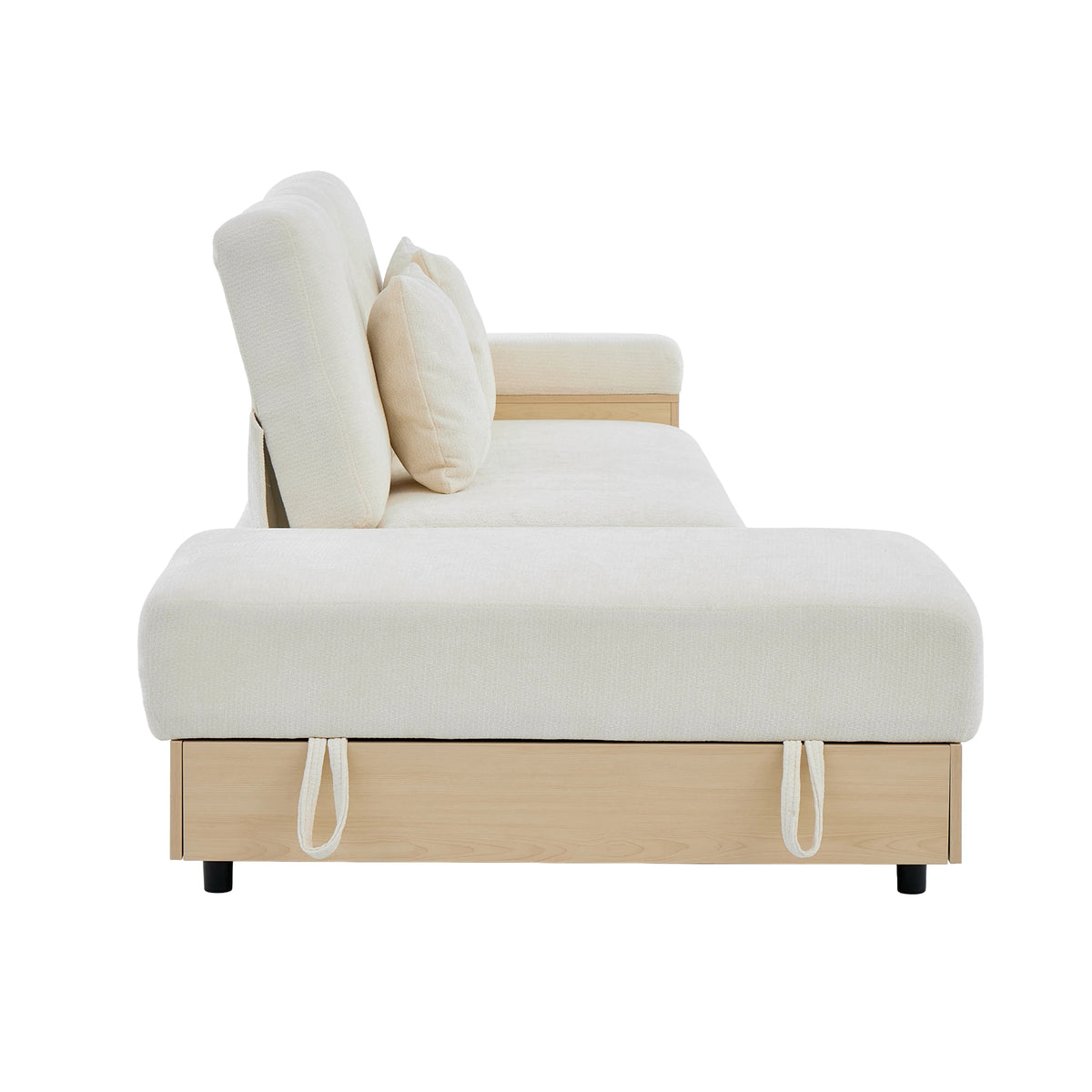 Divano Living Landscape con contenitore e schienale regolabile 3X - Divano letto in ciniglia beige a 3 posti con cassetti, portabicchieri e sgabello contenitore, 217x110 cm per soggiorno e camera degli ospiti