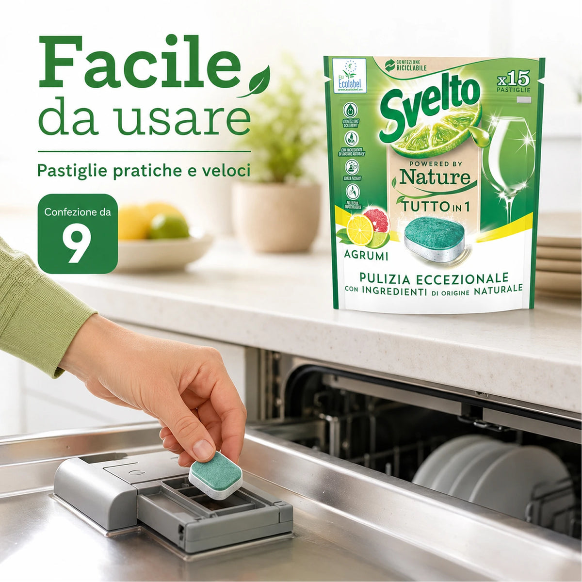 Confezione da 9 Svelto Tabs Tutto in 1 Agrumi, pastiglie lavastoviglie 15 pezzi, formato scorta per cucina, casa e uso quotidiano