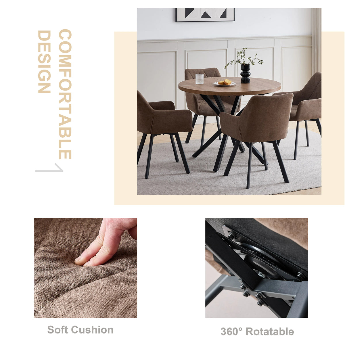 EGOONM 2/4PCS Sedie da pranzo moderne girevoli con braccioli, sedie imbottite in tessuto, 360 °   Sedie Girevoli con Gambe in Metallo