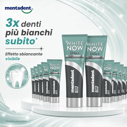 Confezione da 12 Mentadent White Now Detox Carbone 75 ml, dentifricio per igiene orale quotidiana, 900 ml totali