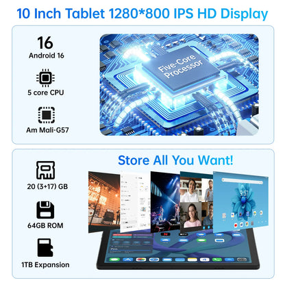 Kb1001L Tablet Android 16 con schermo touchscreen da 10,1 pollici, 20(3+17)Gb di RAM + 64Gb di ROM, processore 5-Core A333 con tastiera, mouse, penna, custodia e auricolari, batteria da 6000Mah, doppia fotocamera 5Mp+8Mp, Wi-