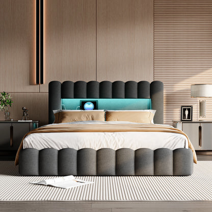 Anajqaqia Letto a bolle 140 x 200 cm, letto matrimoniale moderno con contenitore idraulico, struttura a tronco d'albero, materasso a incasso e testiera contenitore