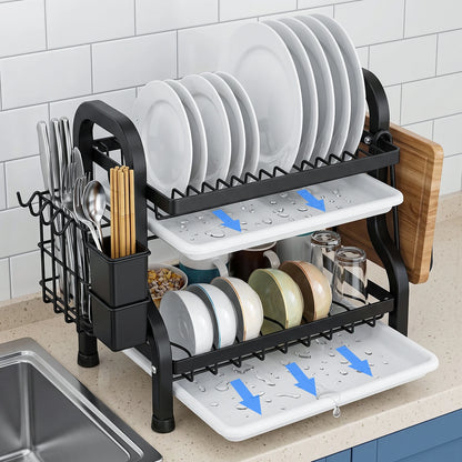 Scolapiatti a 2 livelli per il piano di lavoro della cucina, scolapiatti in metallo con vaschetta raccogli-acqua, rivestimento resistente alla ruggine, scolapiatti salvaspazio per piatti e posate.