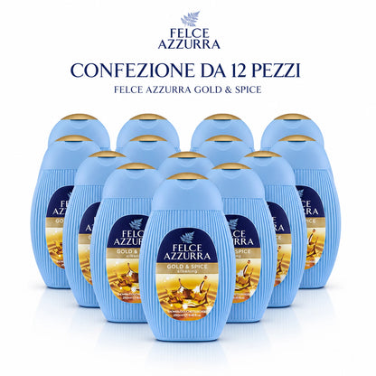 Confezione da 12 Felce Azzurra Doccia Oro e Spezie 250 ml, bagnodoccia profumato per la detersione quotidiana, 3 L totali